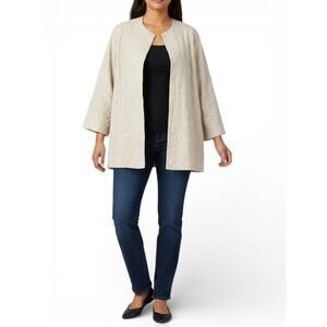 Eileen Fisher XL open front jacket cream textured silk Cardigan Embroidered